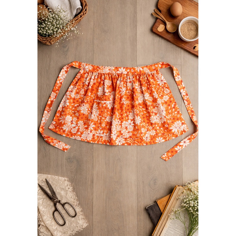 Retro Half Apron MCM Kitchen Orange Floral 17" Length